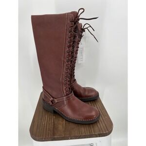 Born Brown Leather Tall Lace Up Boots Side Zip Plaid Lined Size 6 36.5 NWT